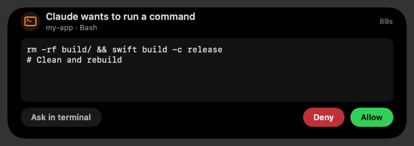 A permission prompt in the notch: Claude wants to run a command, with Allow and Deny buttons