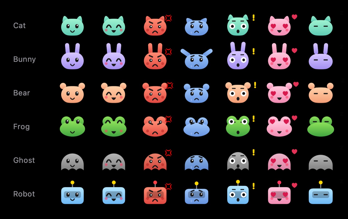 All six Hatchnotch pets shown in each of their moods: happy, angry, sad, surprised, in love and asleep
